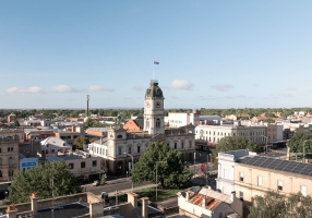 Aerial image across the Ballarat CBD featuring the Town Hall