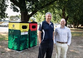 City of Ballarat Supervisor Lake Wendouree Bernard Blook and Manager Business Improvement Matt Swards with the smart bins at Lake Wendouree
