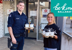 Coffee kindness: Higher Society’s customers decided to show some extra kindness by ordering additional coffees for our health professionals and local police. Pictured: Higher Society’s Meg Taylor delivering donated coffees to First Constable Nick Smerdon at Ballarat Police Station. 