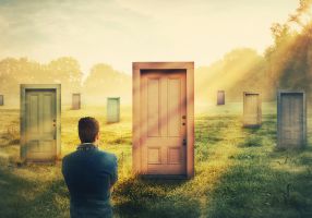 Image of a person looking at doors in a field