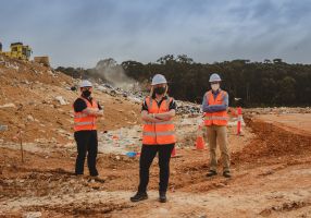 City of Ballarat Executive Manager Waste and Environment Les Stokes, Circular Economy Lead Siobhan Dent and Materials Recovery Facility Business Case Lead Quenton Gay at the Ballarat Transfer Station.