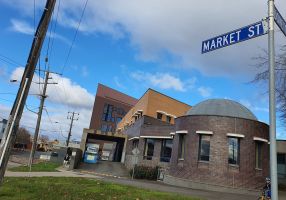 Market street sign view from the library corner
