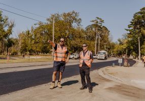 : City of Ballarat Executive Manager Operations Luke Ives and Road Maintenance Contract Supervisor Paul Humphrey oversee major patching works to a section of damaged road on Wendouree Parade