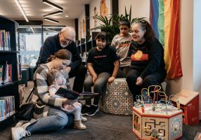 Emily Duffy with Chelsea Tiley, John Williams, Samara and Samuel Zakkam and their mother Rachel Muir at the Sebastopol Library.
