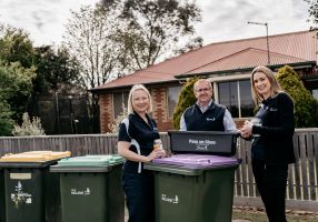 City of Ballarat Coordinator Circular Economy Siobhan Dent, Executive Manager Waste and Environment Les Stokes and Circular Economy Project Officer Michelle Huie with the range of kerbside collection options being considered under the new four-stream system.