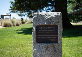A plaque on a stone pillar in a park