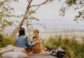 A woman with her back to the camera sitting with a dog facing a bush view from a mountain