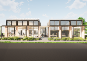Artist impression of new Eastwood Community Hub, utilising glass and brick in an illustrated design