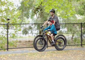 A man and a child riding bikes on a footpath under leafy trees