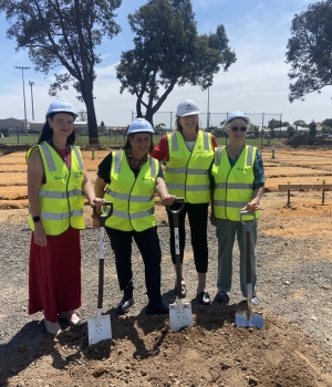 City of Ballarat Mayor Cr Tracey Hargreaves, Member for Wendouree Juliana Addison, Federal Member for Ballarat Catherine King and Sebastopol Senior Citizens Club secretary Bev Lovett at the Sebastopol Community Hub construction site.