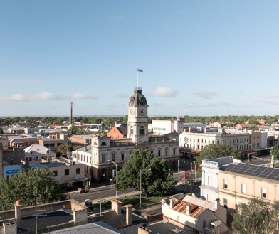 Aerial image across the Ballarat CBD featuring the Town Hall